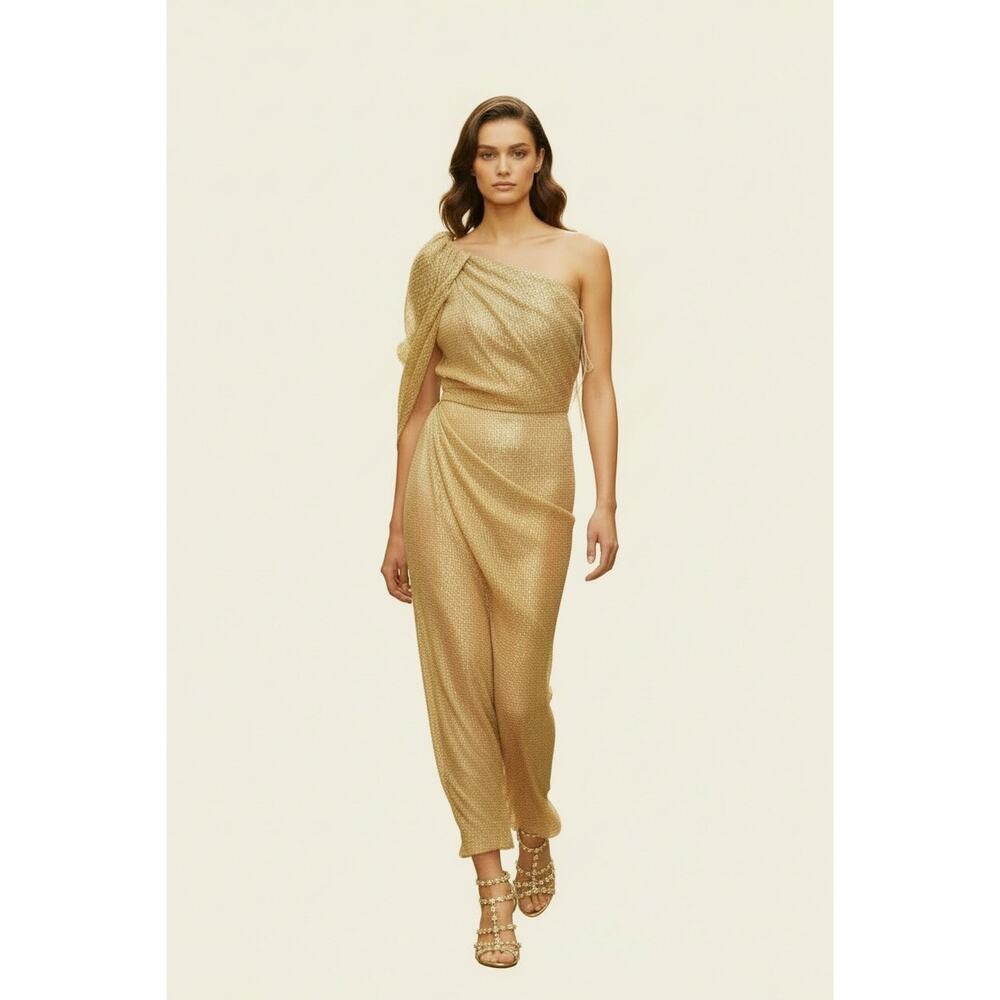 Theia One Shoulder Sleeveless Sash Organza Gown Gold Size 4 NWT Sample
